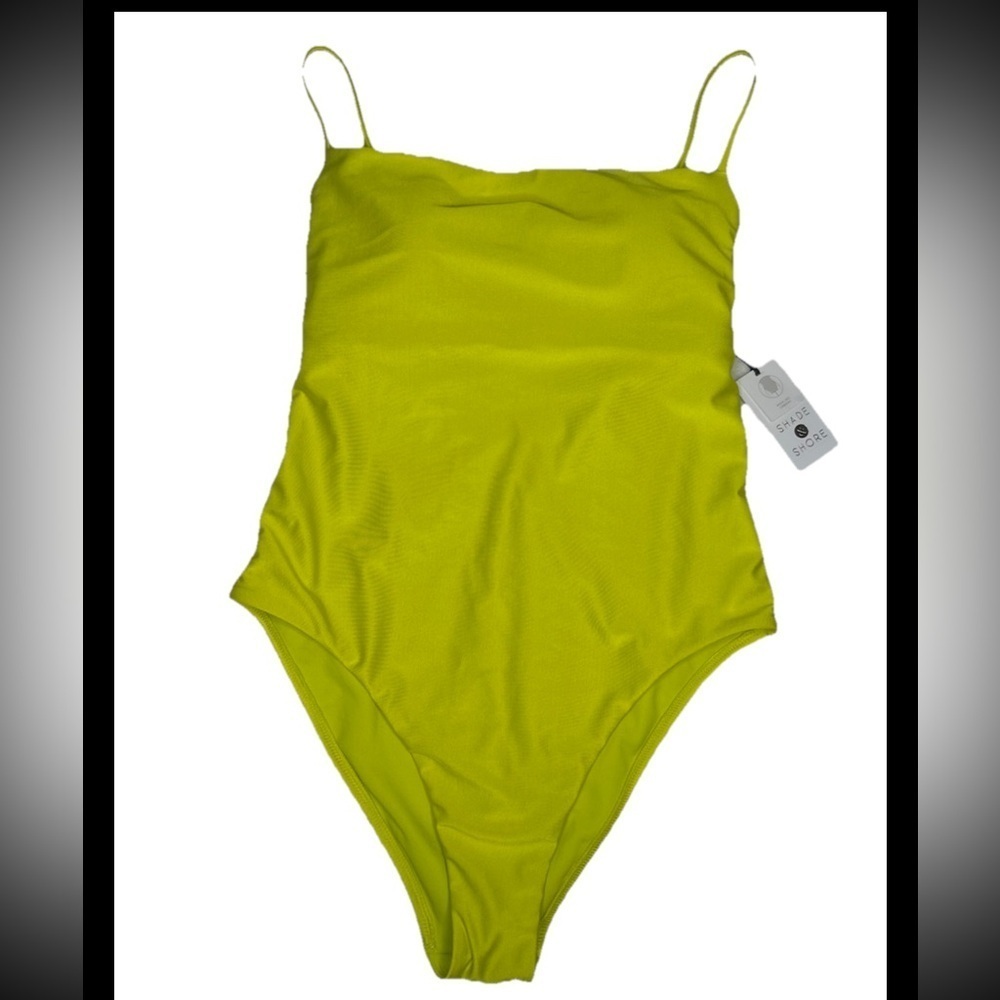 Square Neck High Leg Cheeky A Piece Swimsuit Shade & Shore Lime Green Shine M - Picture 2 of 11